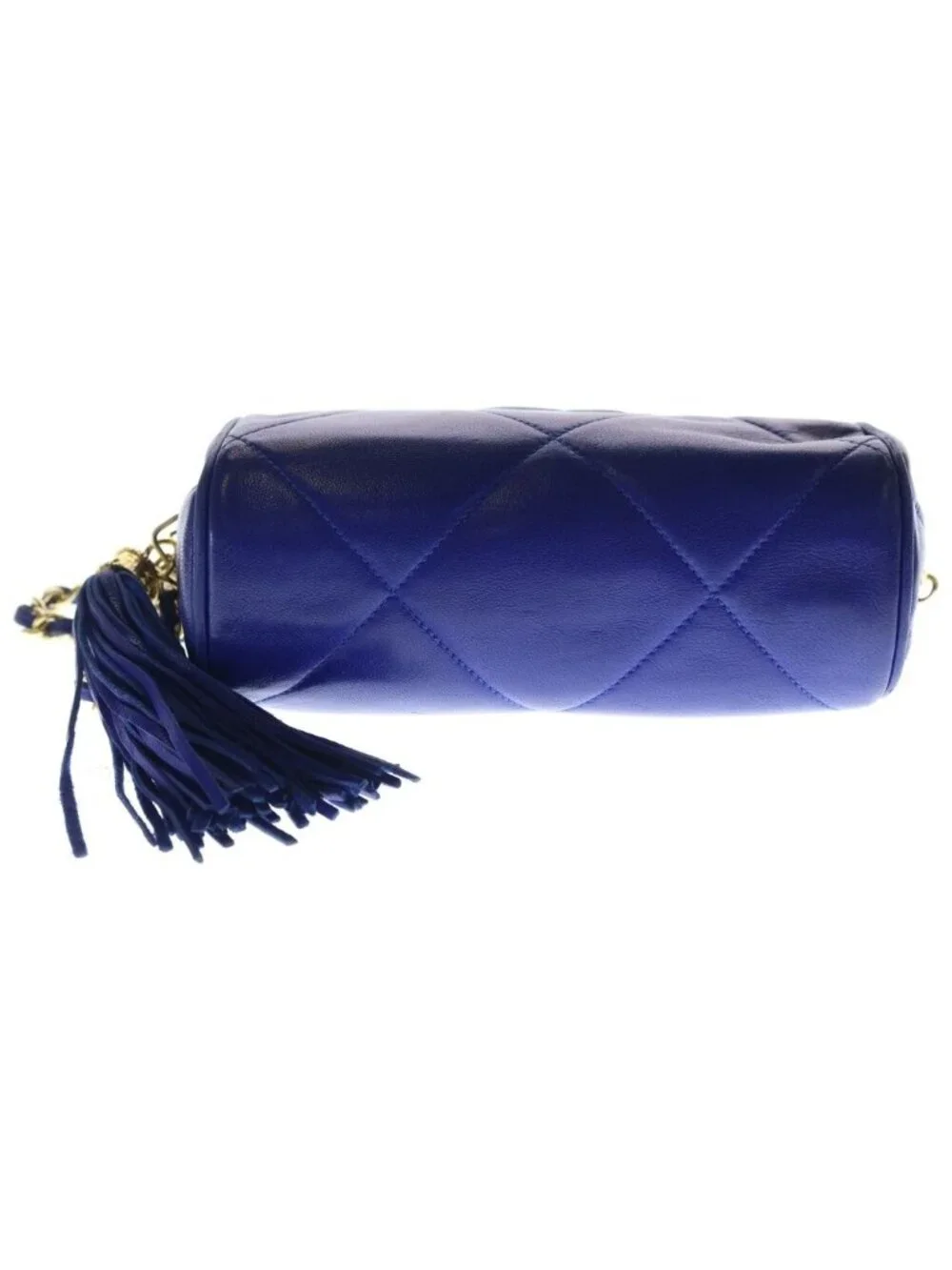 Chanel Quilted Fringe Charm Tassel Mini Chain Shoulder Bag Blue Leather Gold